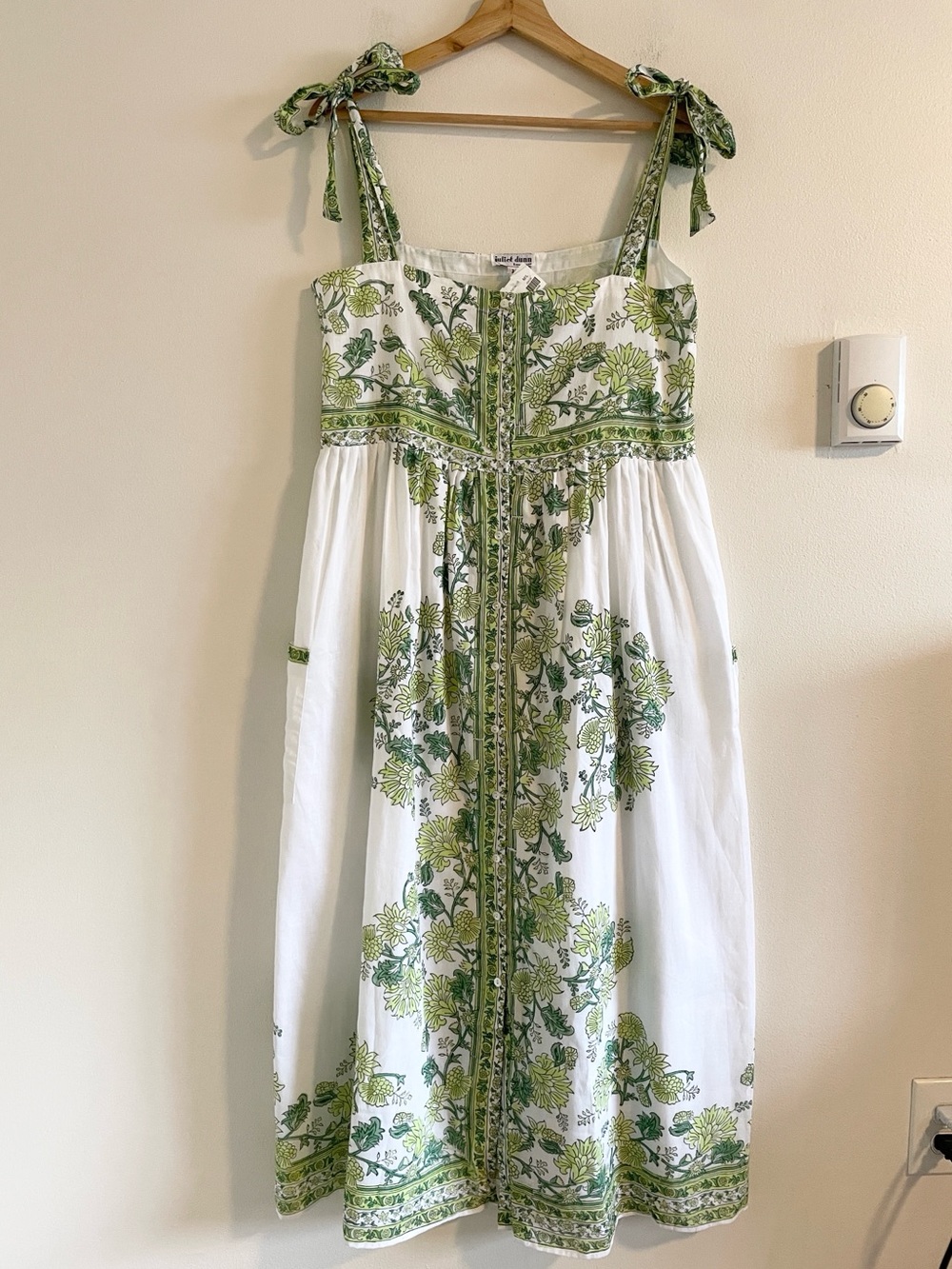 Juliet Dunn Tie Shoulder‎ Midi Dress Women 10 Floral Block Print Pistachio Green